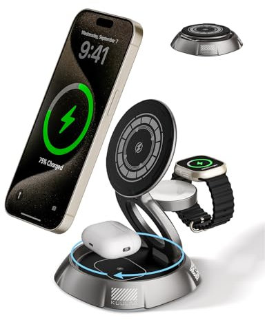 Kuulaa Cargador Inalambrico iPhone 3 en 1, for Magsafe Cargador Inalámbrico para iPhone Apple Watch, Estación de Carga Inalámbrica de Viaje para Múltiples Dispositivos