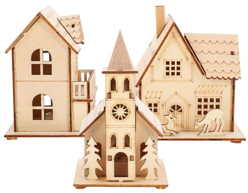 YARNOW Lot De 3 Maisons De Village De Noël en Bois À Peindre Maisons en Bois Lumineuses Cabane en Rondins Village De Noël pour Décoration De Bureau (Piles Incluses)