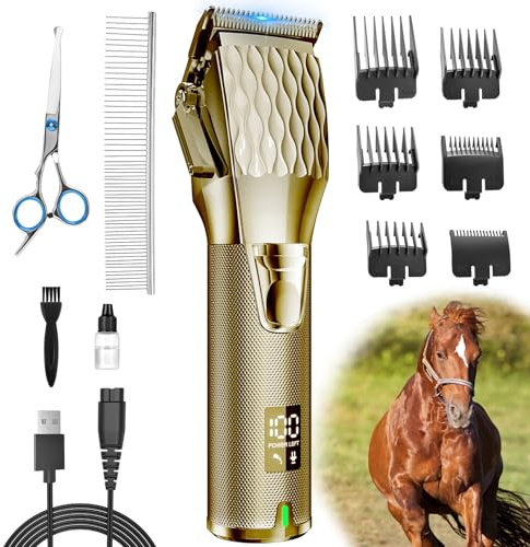 Cortapelos de caballos, kit de aseo inalámbrico con batería de 2500 mAh, máquina de corte corporal resistente de bajo ruido con pantalla LED para caballo, ganado, gato, perro con pelaje grueso