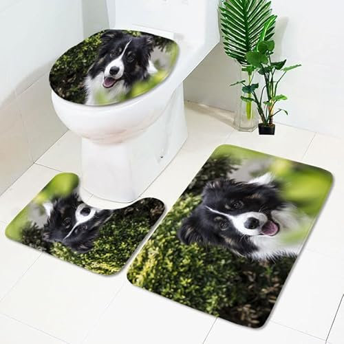 Badezimmerteppich Grüner Schwarzer Hund WC Vorleger mit Ausschnitt WC Deckelbezug 3 Teiliges WC Teppich rutschfeste Badgarnitur U förmiger Badematte Waschbar Bad Teppiche Set 50x80 cm
