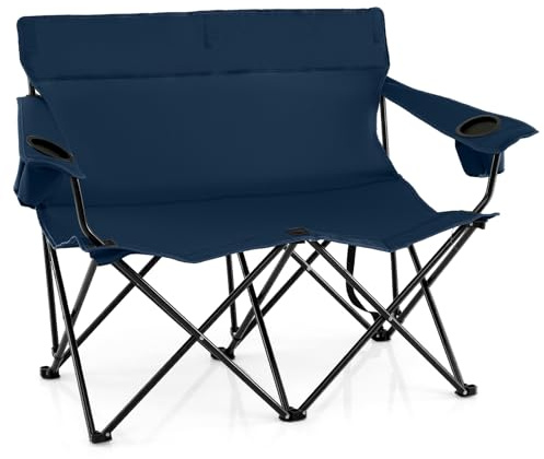 COSTWAY 2-Person Folding Camping Chair, Heavy-Duty Double Camp Loveseat with Cup Holders and Carrying Bag, Oversized Portable Beach Chair for Picnic Travel Campsite (Navy)