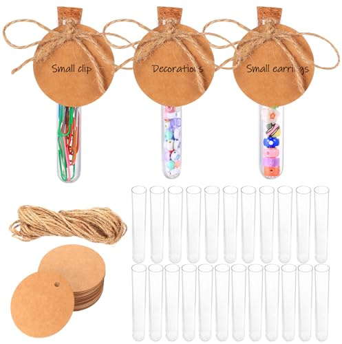 36 Stück Reagenzglas mit Korken, Transparent Reagenzgläser mit Korken, Reagenzgläser Kunststoff Reagenzglas für Labor Bonbons DIY Heim Hochzeit Partydekoration,mit 36 Kraftpapieretiketten & Hanfseil