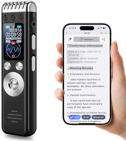 woeaozy 64 GB AI Digitales Diktiergerät - Professionelles tragbares Tonbandgerät mit KI-Transkription und Zusammenfassung, unterstützt 256 Sprachen, App-Steuerung für Konferenzen, Meetings