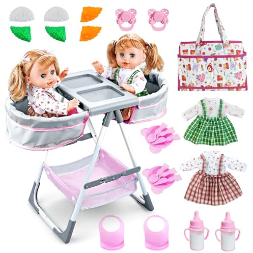 RedCrab Baby Doll Toys Set, Dual-seat High Chair Toy with 2 Dolls, Clothes, Bag & Feeding Accessories ,20+ Pcs Pretend Play Set for Toddlers