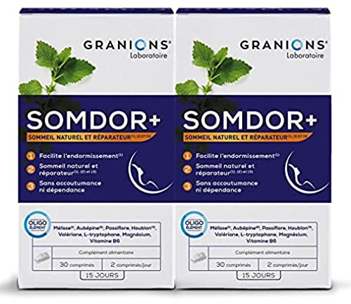 Granions Somdor+ Duo 30 Comprimés 30 Jours Sommeil Naturel/Réparateur Facilite l'Endormissement Valériane/Houblon/Aubépine/Magnésium/Passiflore 2 Unités