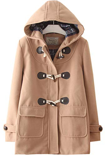 Flygo Women's Classic Horn Button Duffle Coat Hooded Wool Blended Pea Coat (Khaki, Large)