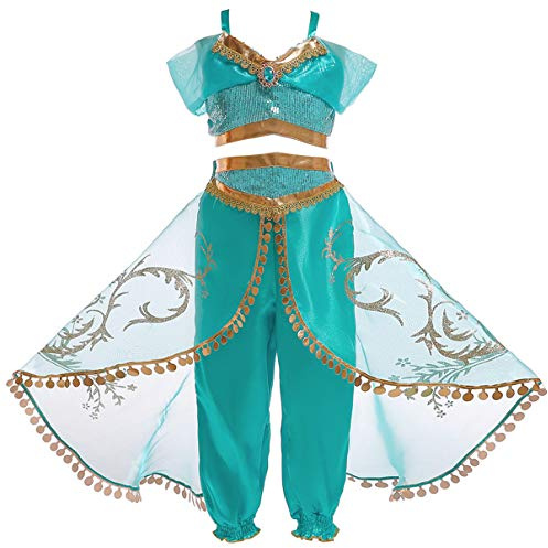Eleasica Fille Aladdin Jasmine Princesse Cosplay Costumes 2pcs Ensembles Pantalons Conte de Fée Déguisement Bleu Respirant Halloween Noël Anniversaire Carnaval Fête Cosplay,Vert,150