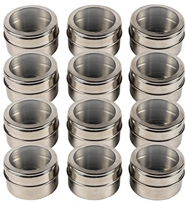 Spice Jars 12 Pack Magnetic Spice Tins Stainless Steel Transparent Top | Labels Included | Magnetic Storage Containers | Magnetic Condiment Tins | M&W