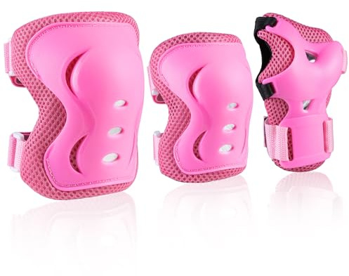 JBM Kids/Youth Knee Pad Elbow Pads and Wrist Guards Protective Gear Set for Skateboarding Cycling Roller Skating Inline Skating Scooter Riding Sports BMX Biking Sports (Pink)