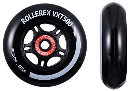 Rollerex VXT500 Inline Skate Wheels – 2 Pack with Bearings, Spacers and Washers - Durable Replacement Roller Blade Wheels for Indoor & Outdoor Skating (Steel Black, 76mm)