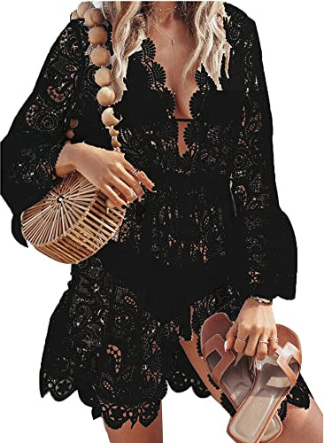 Women Lace Floral Bikini Cover Ups V Neck Hollow Out Swimwear Tunic Beach Dress Summer Beachwear (Y-Black Lace, X-Large)