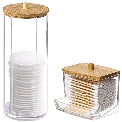 Csirnto 2 Stück Wattestäbchen Spender aus Acryl Wattestäbchen Behälter Wattepadspender Wattepads Aufbewahrung Make up Organizer Set mit Deckel aus Bambus für Badezimmer