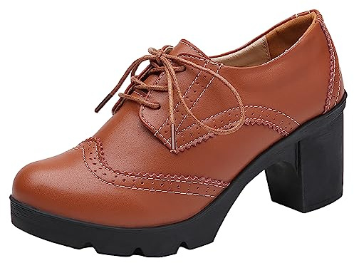 Jamron Femmes Talon Bloc Brogues à Lacets Chaussures de Derby Escarpin Chaussures Habillées Marron SN02955 EU37