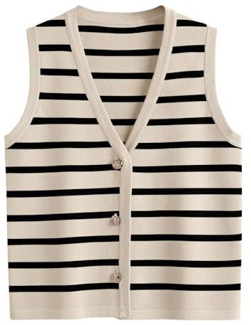 LILLUSORY Vest Tops for Women 2026 Spring Striped Sweaters Button Up Summer Business Casual Outfits Womens Blouses Jackets Fashion Clothes Sleeveless V Neck Tops Apricot Black XL