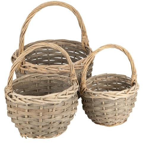 Ideen mit Herz Weidenkorb-Set | 3 Körbchen in unterschiedlichen Größen: Ø14, Ø18, Ø21 cm | mit Henkel | geflochten | rund | klein | ideal als Präsent- oder Geschenkkorb (Dunkel)