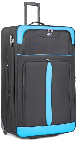 Aerostar Extra Large 32” Lightweight Softshell Expandable Suitcase, Check in Luggage 2 Corner Wheels with Integrated Combination Lock (Black/Aqua, 129 litres)