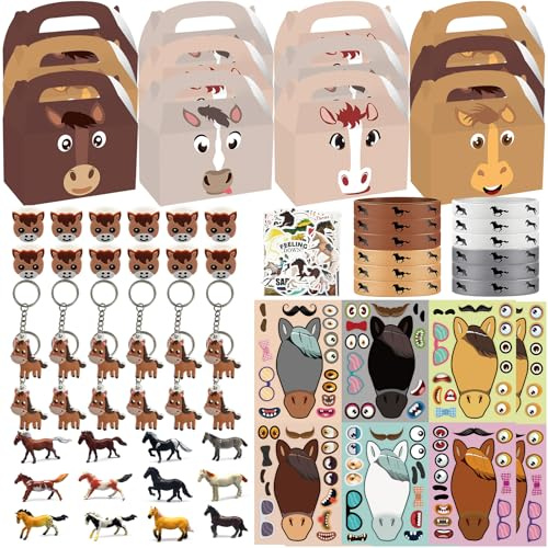 NlsqEU 146 pezzi regalo per bambini: decorazione di compleanno di cavalli, giocattoli, 12 statuette di cavallo, sacchetti regalo, anello e bracciale in silicone