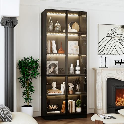 DAWNSPACES Vitine,Glasvitrine mit 3 Beleuchtung,Vitrinenschrank mit 4 Glastüren und LED, Glasschrank,Vitrine Stehend mit Pop-up Türen,Wohnzimmer,Schwarz