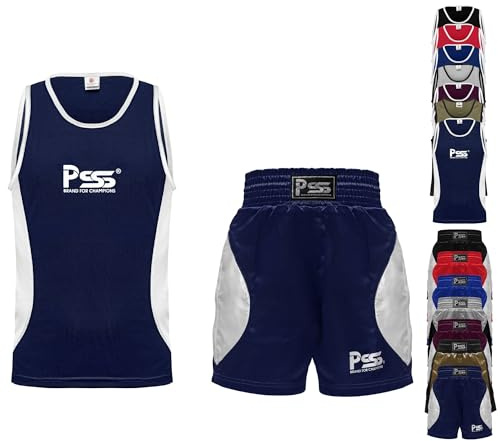 PSS Ultimate barn boxningsuniform set med 2 delar lätt vikt andningsbar och bekväm tygboxning studentuniform för åldrarna 3-14 år, marinblå, 9-10 år