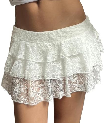 FeMereina Mini jupe Y2K en dentelle taille basse élastique sexy ourlet à volants micro jupe plissée fluide jupes courtes streetwear, blanc, M