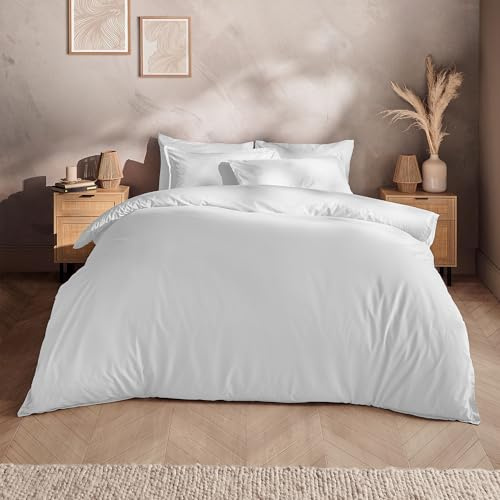 Silentnight Washed Cotton Rich Duvet Set - Soft & Comfortable Touch - Luxurious Oxford Edge Border with Button Fastening - Modern Linen-Look Quilt Cover + Pillowcase Bed Set, Single, White