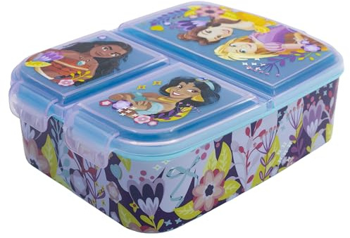 STOR Sandwichera Infantil Princesas Disney con 3 Compartimentos 2156ml - Fiambrera Escolar Resistente Libre de BPA para Niños