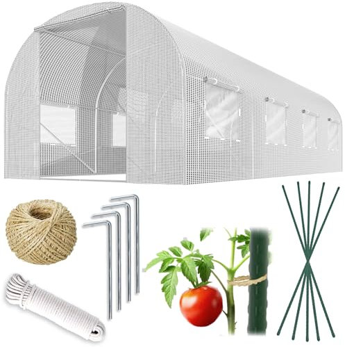 Plonos Folientunnel Gewächshaus Mit Rahmen Stahl Set Mit Pflanzenstützen Zubehör 2,5 x 4 x 2 m 10m2 Weiß