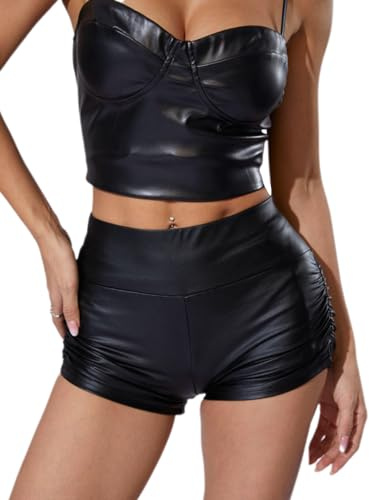 GORGLITTER Women's Sexy PU Leather Mini Shorts High Waisted Ruched Rave Clubwear Legging Shorts Black X-Small