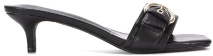 ESSEX GLAM Women's Kitten Heel Mule Sandals Ladies Buckle Detail Black Faux Leather Slip On Classic Open Square Toe Shoes Size 6