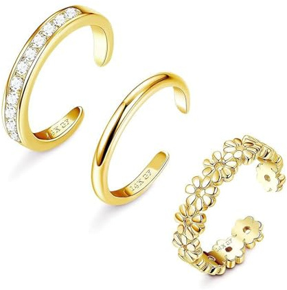 QKEOISUD 3pcs Toe Rings Set for Women,Flowers Diamond Plain Open Toe Ring Adjustable Summer Beach Jewelry Accessories for Foot(Gold)