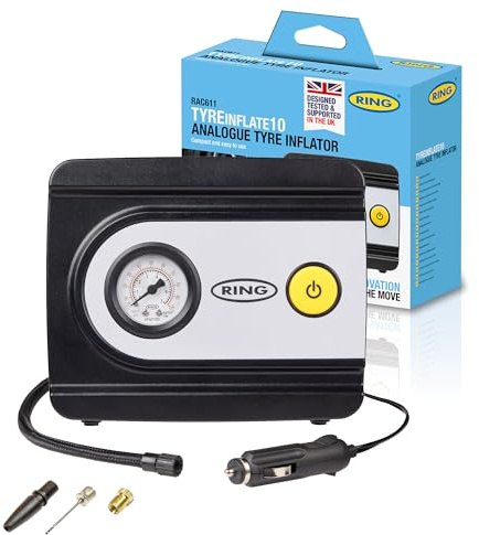 RING TYREINFLATE 10 Analogue Tyre Inflator Air Compressor with Three Adaptors - Measures in PSI, BAR and kPA