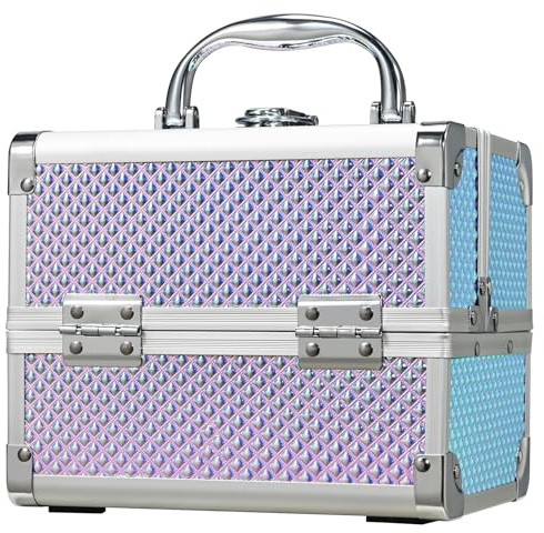 Maletín Maquillaje con Espejo Caja Maquillaje Beauty Case de Viaje Organizador Maquillaje con Cerradura Maletin Manicura Estuche Guardar Joyas y Accesorios Vacío Regalos para Mujeres, Azul Brillante
