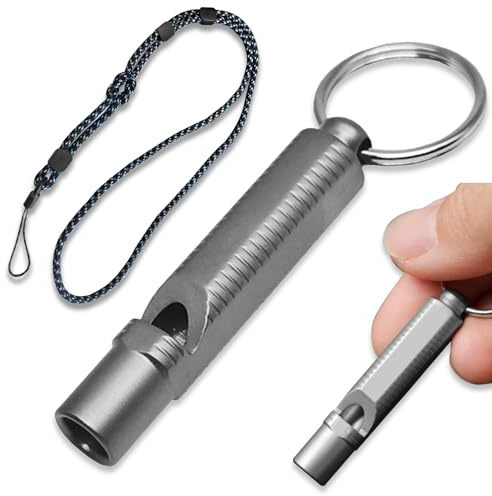 1 pièce Sifflets d'urgence, Sifflet de Secours, 120dB Monotube Sifflet Sécurité à Son Aigu, TC4 Titane, pour Randonnée, EDC, Secours & Outdoor, Léger 7.8g avec Porte-clés & Dragonne Réglable (Gris)