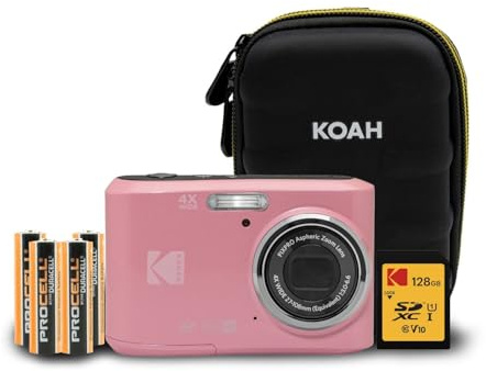 Kodak PIXPRO FZ45 Friendly Zoom 16MP 1080p Full HD Digital Camera (Pastel Pink) with 128GB SD Card, Compact Camera Case and Extra 4X AA Batteries Bundle (4 Items)