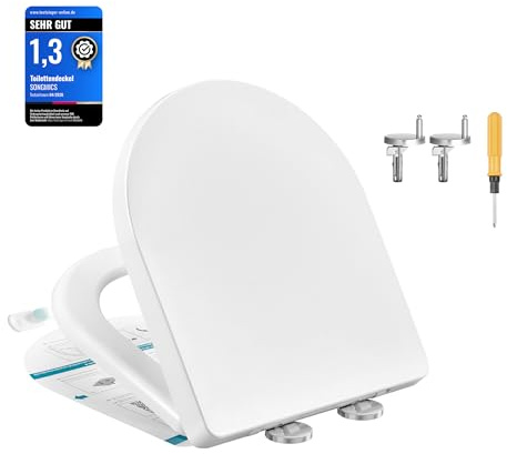 SONGMICS Toalettlock, kort D-form, WC-sits med mjukstängning, handtag, avtagbar toalettsits, enkel montering, toalettlock PP-plast, belastbar upp till 300 kg, vit BTL002WZ01