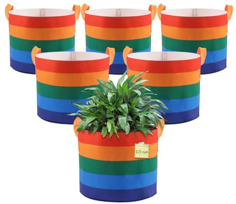 LITLANDSTAR 6 Pack 10 Gallon Grow Bags, Heavy Duty Thickened Colorful Nonwoven Plant Fabric Pots with Handles, Five-color Tone Garden Plant Bags for Fruits Vegetables Flowers Herb