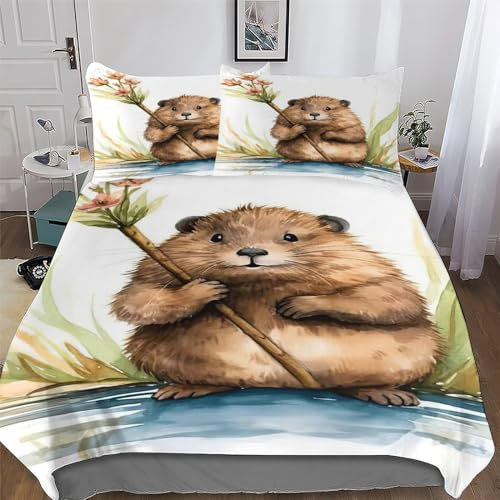 AASWSWW Beaver Duvet Cover Set with Pillowcase Soft Microfiber Bedding Set Comforter Cover for Adults Kids 2PCs Quilt Covers Single(135x200cm)