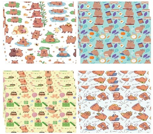 DUINIU 12 Hojas De Papel De Regalo Kapibala En Lindo Estilo Animal, Fáciles De Cortar Y Doblar, Aptas para Regalos De Cumpleaños Infantiles Autoenvasados(50 × 70 Cm).