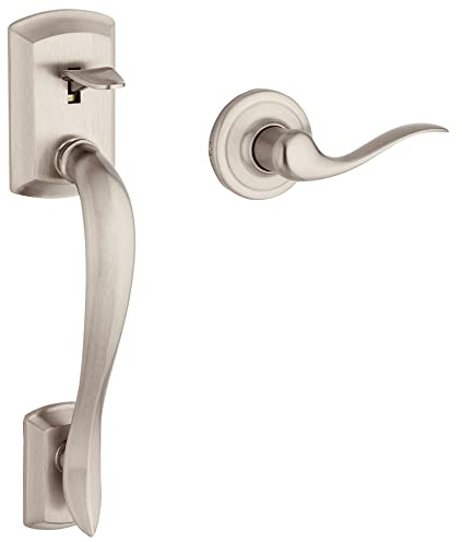 Kwikset Avalon Front Door Handle No Lock, Entry Handleset Exterior with Interior Reversible Handed Lever, Non-Locking, Satin Nickel, Deadbolt Not Included, with Microban Protection