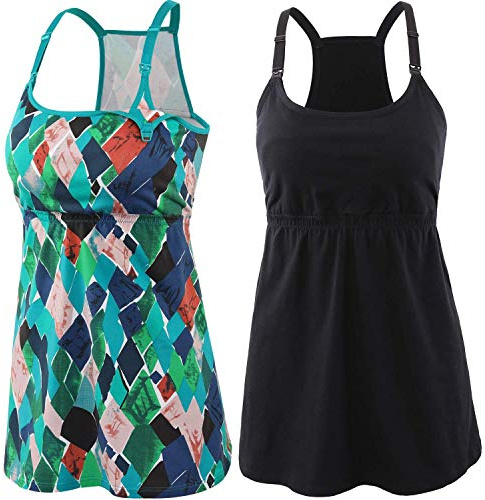 ZUMIY Cami del tanque de enfermería de maternidad, sujetador superior del sueño de la camisa del embarazo de enfermería para la lactancia, Patrón negro+verde/paquete de 2, S