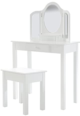 roba Coiffeuse Enfant Fille en Bois avec 3 Miroirs et Tabouret avec Coffre de Rangement - Blanc