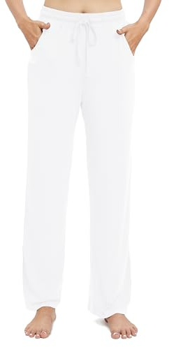 EXCHIC Dam fritid elastiska raka ben byxor lounge medium midja breda yogabyxor med fickor, Vit, S