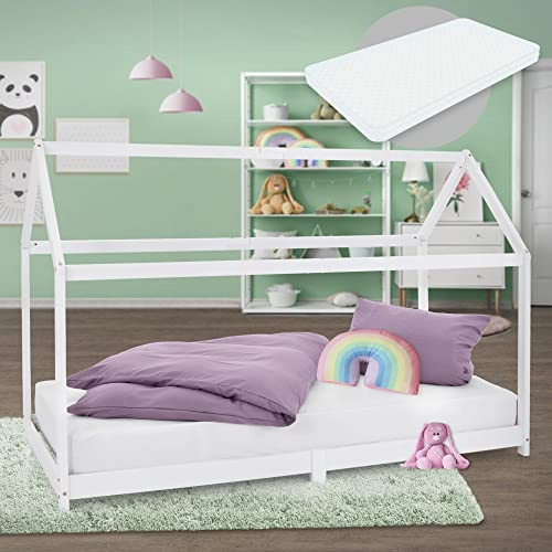 ML-Design Cama Infantil Casa Blanca 90x200 cm de Madera de Pino + Colchón de Espuma Fría 16cm, Techo y Somier de Listones, Cuna de Suelo Maciza Casita de Juego Juvenil Mobiliario para Niño y Bebé