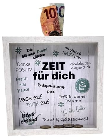 BUSDUGA 4369 Sparkasse Bilderrahmen Zeit für Dich, 20x20x5cm, Spardose Geldgeschenk (Holzoptik weiß)