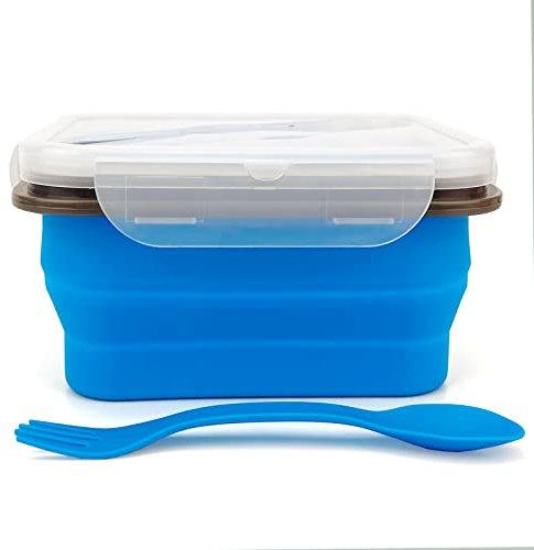 Lunbengo Small Camping Food Containers, 700ml Collapsible Bento Box Silicone Lunch Box Foldable Food Storage Containers, with 2in1 Tableware and Airtight Lid, Blue