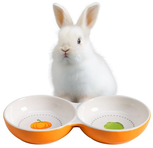 Navaris Comedero para Conejos - Cuenco Doble para Conejo Cobayas Chinchillas Gatitos - Comedero y Bebedero para Mascotas Pequeñas - Cuencos Ceramica Apto Lavavajillas y Microondas