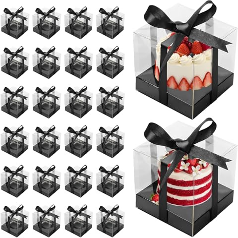 24 Pcs Clear Plastic Single Cupcake Containers,Single Cupcake Holders with Inserts and Ribbon Portable Multipurpose Cupcake Carrier for Treat Dessert Cookies Muffins Pastry Baby Shower Party.