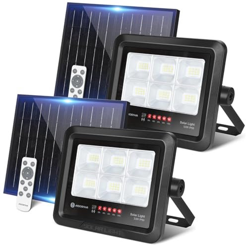 Aigostar Foco Proyector LED Solar 50w, Blanco Frío 6500K, con mando a distancia, Impermeable IP65, Visualización del nivel de batería, con Brillo y Sincronización ajustables para Jardín, 2 pcs
