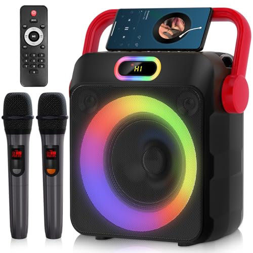 Máquina de karaoke con dos micrófonos inalámbricos, máquina de karaoke portátil para adultos y niños, altavoz Bluetooth con ajuste de graves/agudos, sistema PA, luces LED, soporta TF/USB, entrada AUX,