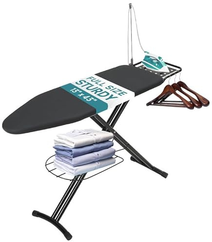 Ironing Board Full Size, RAINHOL 43x13 Sturdy Iron Board with Iron Rest and Garment Rack, Height Adjustable Metal Construction with Ultra Thick Cover and Padding, Foldable and Heavy Duty